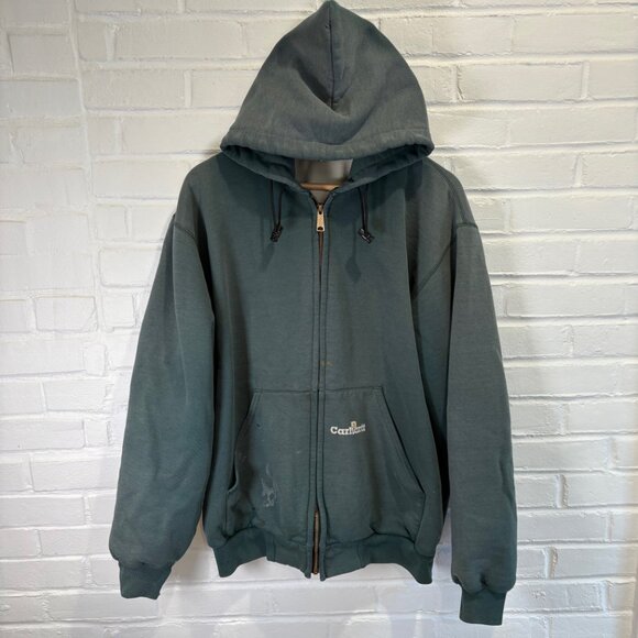 Vintage Carhartt Forest Green Zip Hoodie Faded Thermal Lined Men's XL - Picture 1 of 11